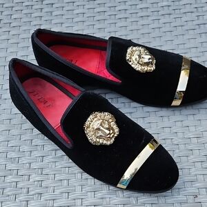 Jitai Men's Velvet Penny Slip-On Leather Lined Black Loafers  Gold Detailing